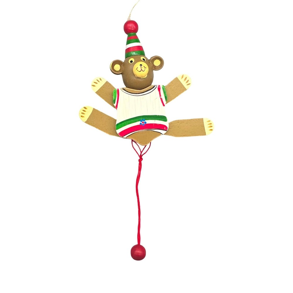 Vintage Wooden Bear Jumping Jack Christmas Ornaments Set 2 Pull String Taiwan - Picture 11 of 15